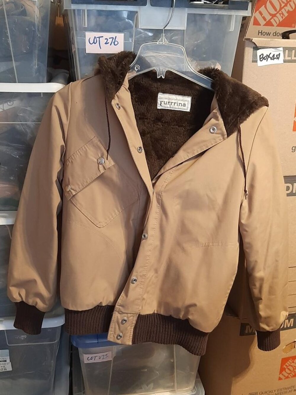 Vintage Women Furrina Coat With Hood Brown Faux Fur Outer Tan Size S